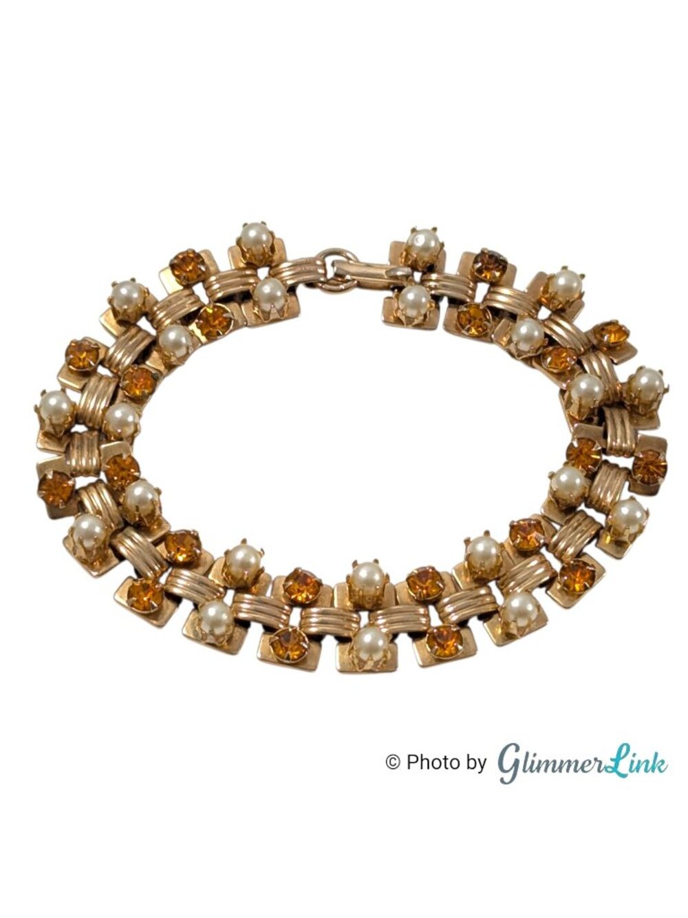 Vintage Book Chain Bracelet Brown Rhinestones Faux Pearls Gold Tone 7 Inch
